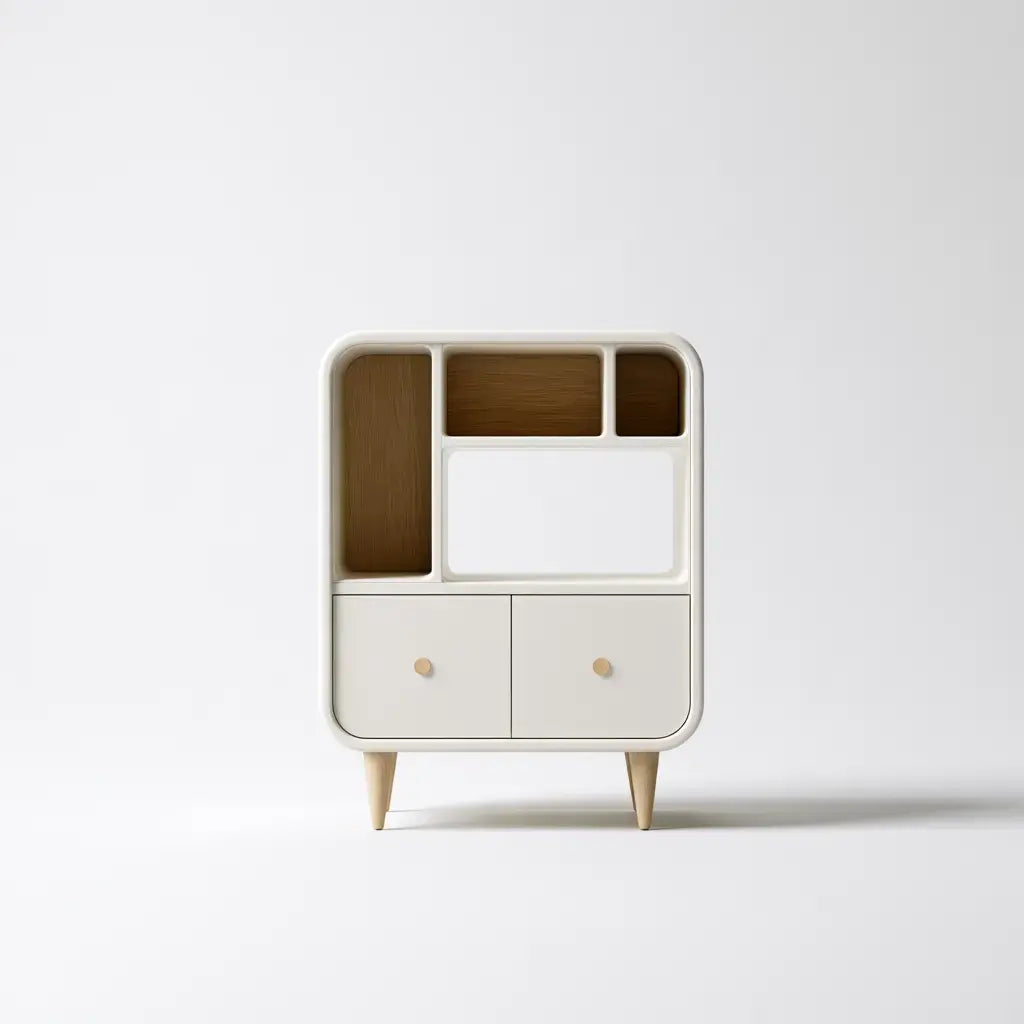 Aparador beige con puertas blancas y nichos asimétricos, mueble de almacenaje de estilo moderno de benchmadesofa.