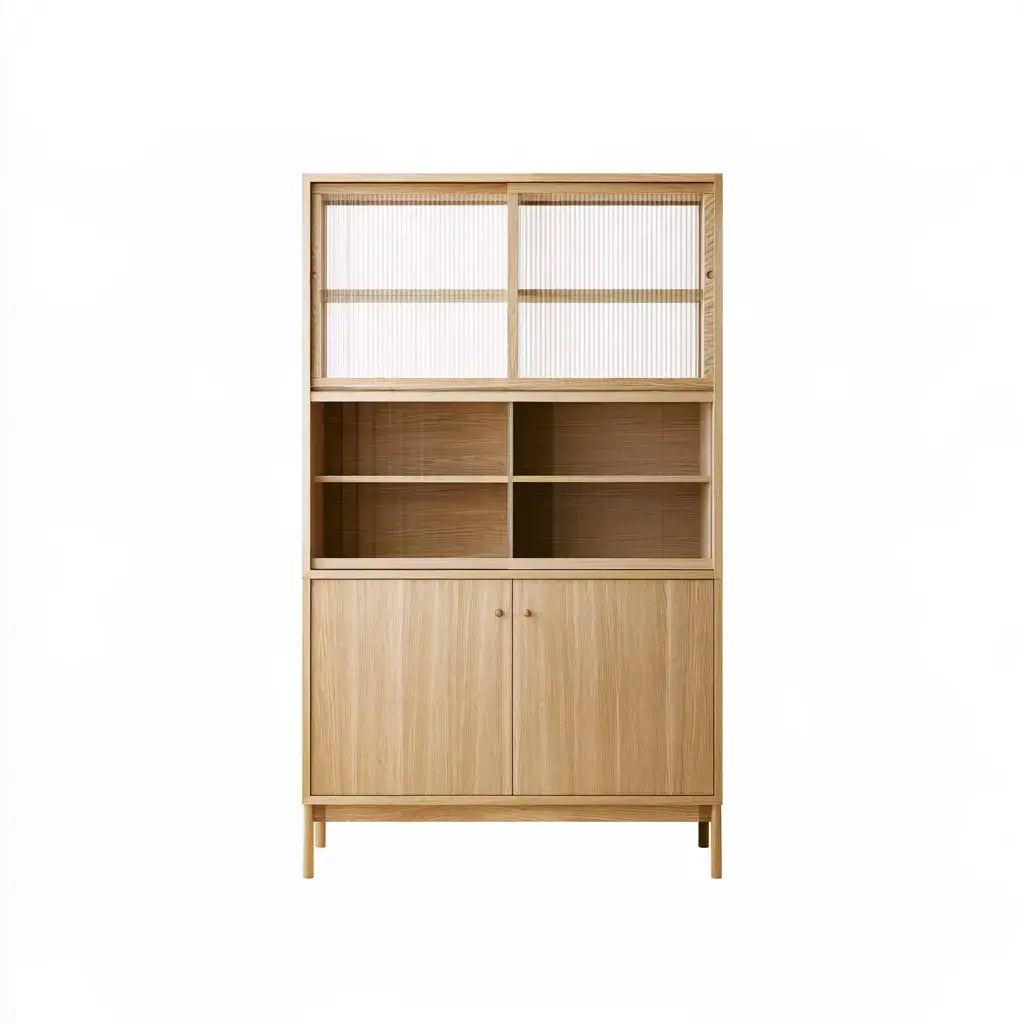 Aparador alto con módulos abiertos y puertas inferiores - beige/blanco