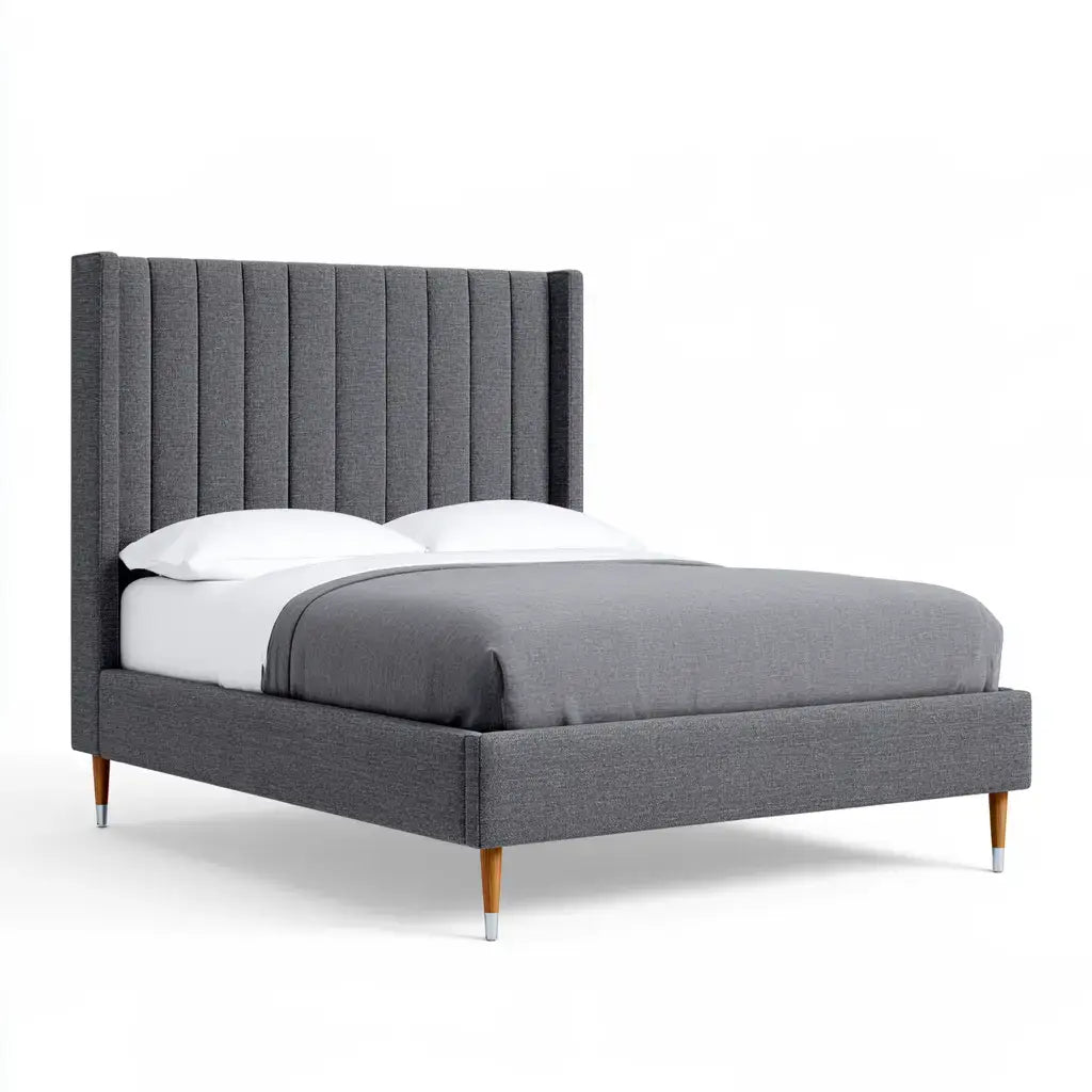 Cama con cabecero alto de paneles verticales - gris