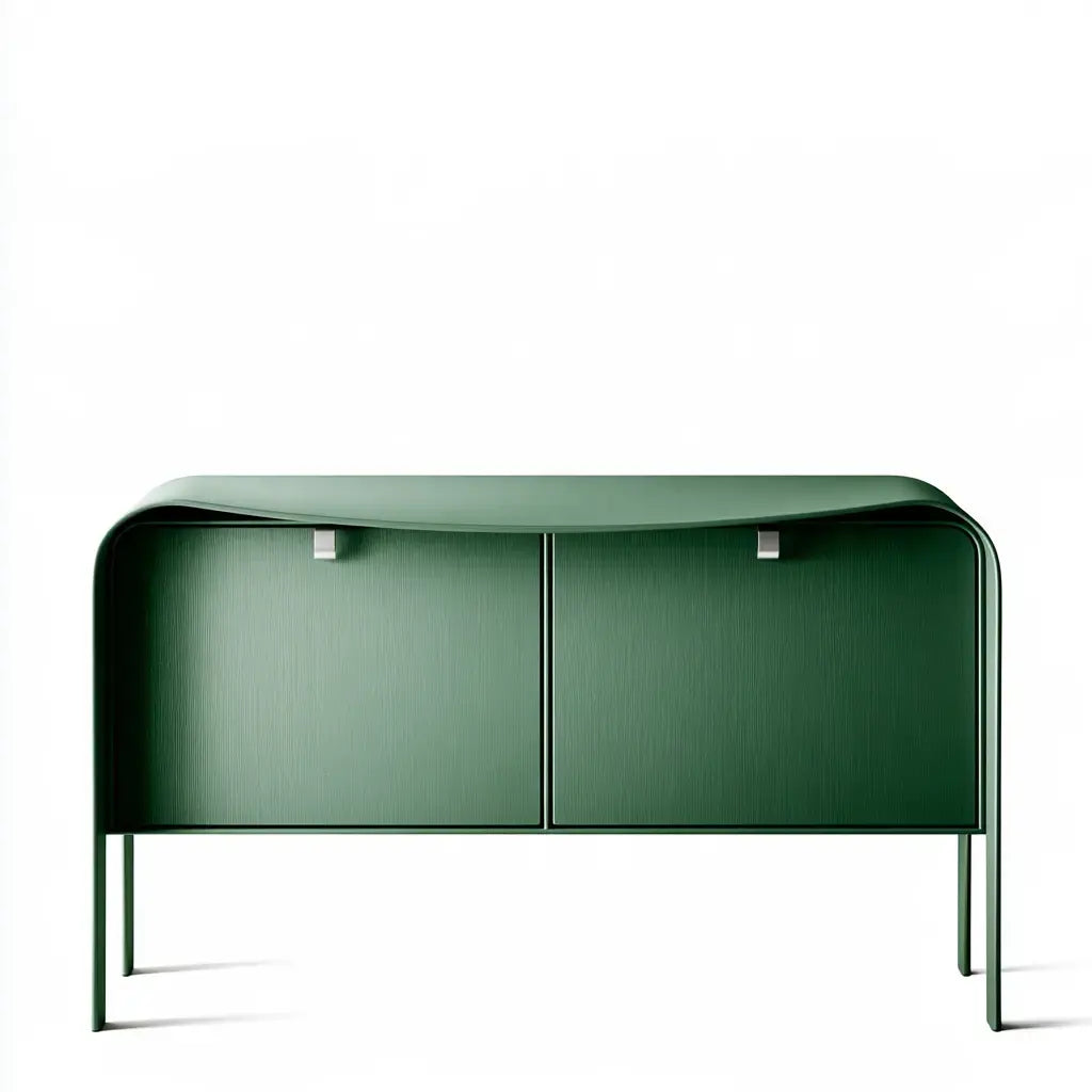 Aparador verde con esquinas curvas y base fina, mueble de almacenamiento moderno de la marca benchmadesofa.